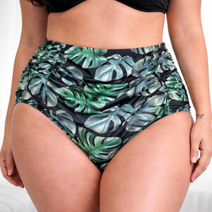 NWT Waverly Swim Bottoms Size Large Green Black Ruched High Waist Bikini Brief